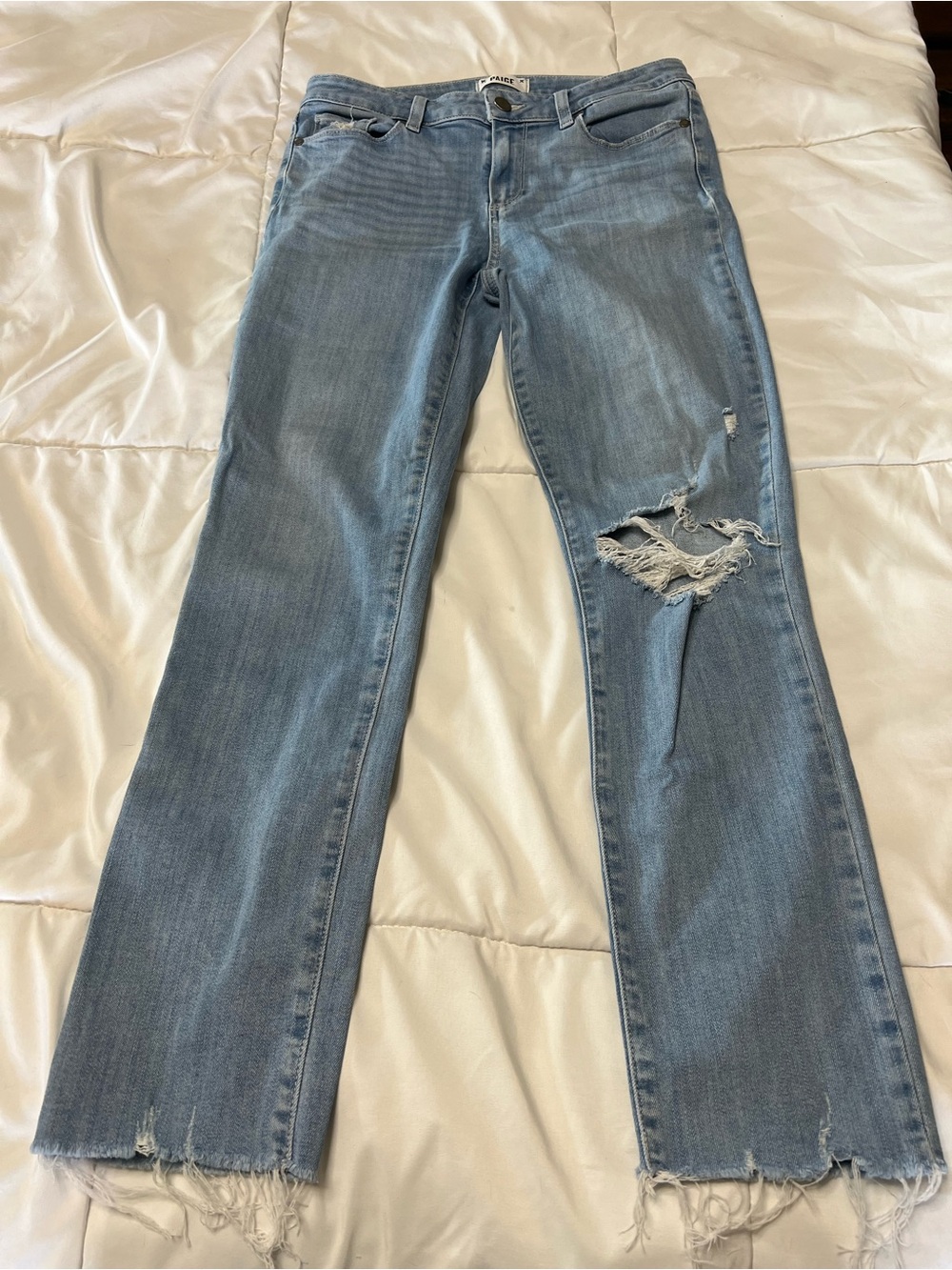 PAIGE Skyline Ankle Peg Distressed Raw Hem Jeans Blue Wash 29